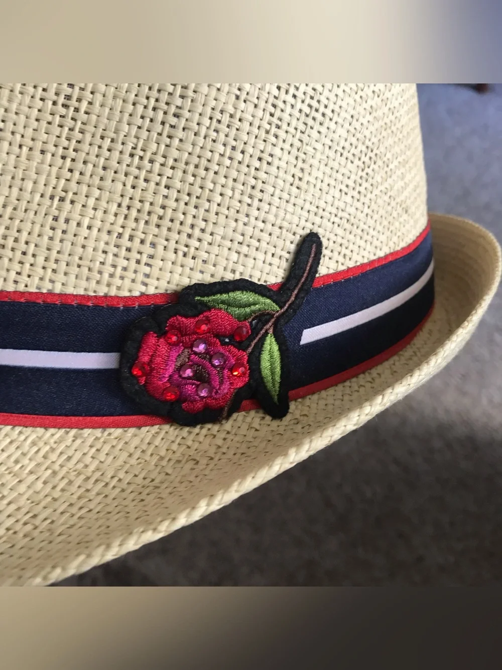 OOAK Upcycled Fedora Hat Jeweled Red Rose Floral Paper Straw Unisex Large 23”